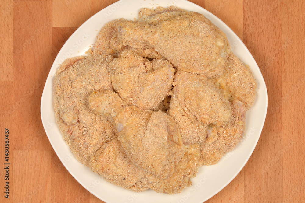 Several pieces of breaded raw chicken, including drumsticks and cutlets, are arranged on a white plate ready for cooking