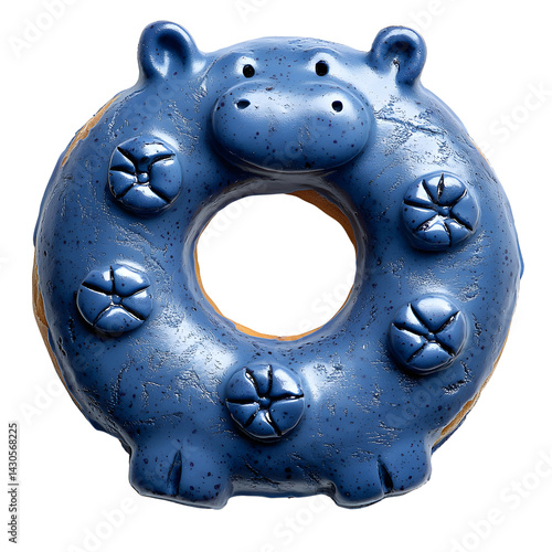 Blue Hippo Donut Decorated with Floral Design Sweet Treat Glazed Pastry