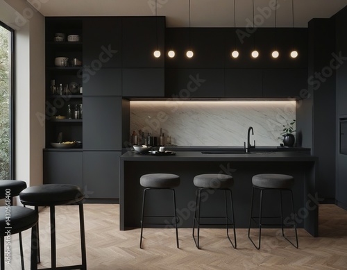 Sleek modern kitchen with minimalist design and warm lighting, featuring a dark color palette.