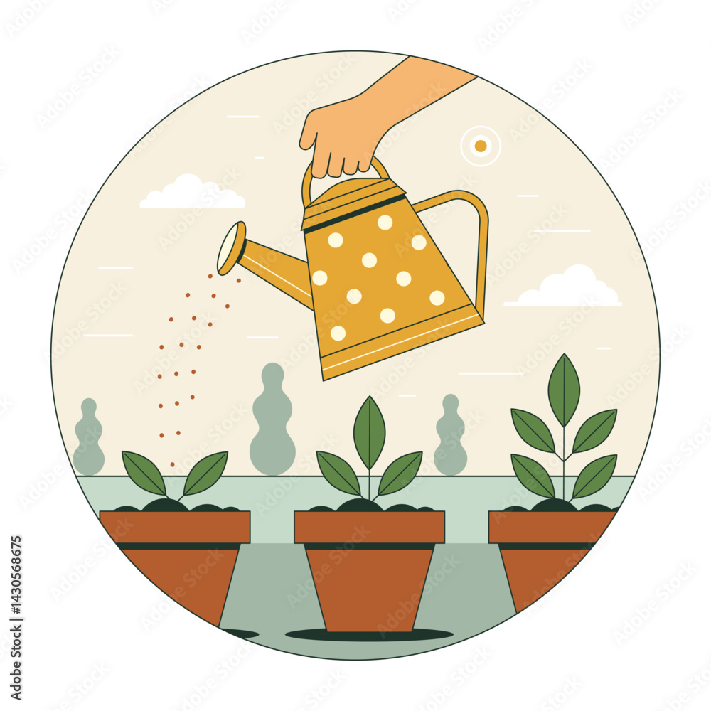 Seedlings Growing Scene with Can Watering Plants