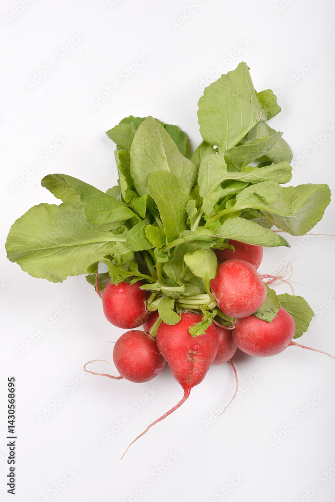 A bunch of fresh red radishes with vibrant green leaves is presented on a plain light gray surface from a slightly elevated perspective