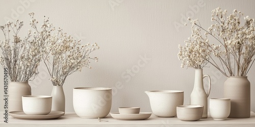 A collection of beige-toned ceramics and dried flowers arranged in a simple, elegant composition