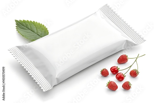 Glossy White Blank Packaging with Mint Leaf & Cherries on a White Background