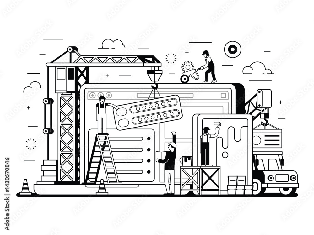 Site Construction Scene in Line Art