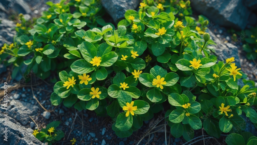 Close-up of a cluster of small plants featuring bright green leaves and tiny yellow flowers