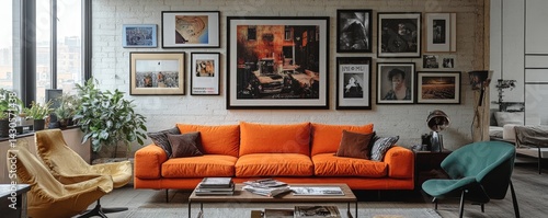 Modern living room with orange couch and framed art