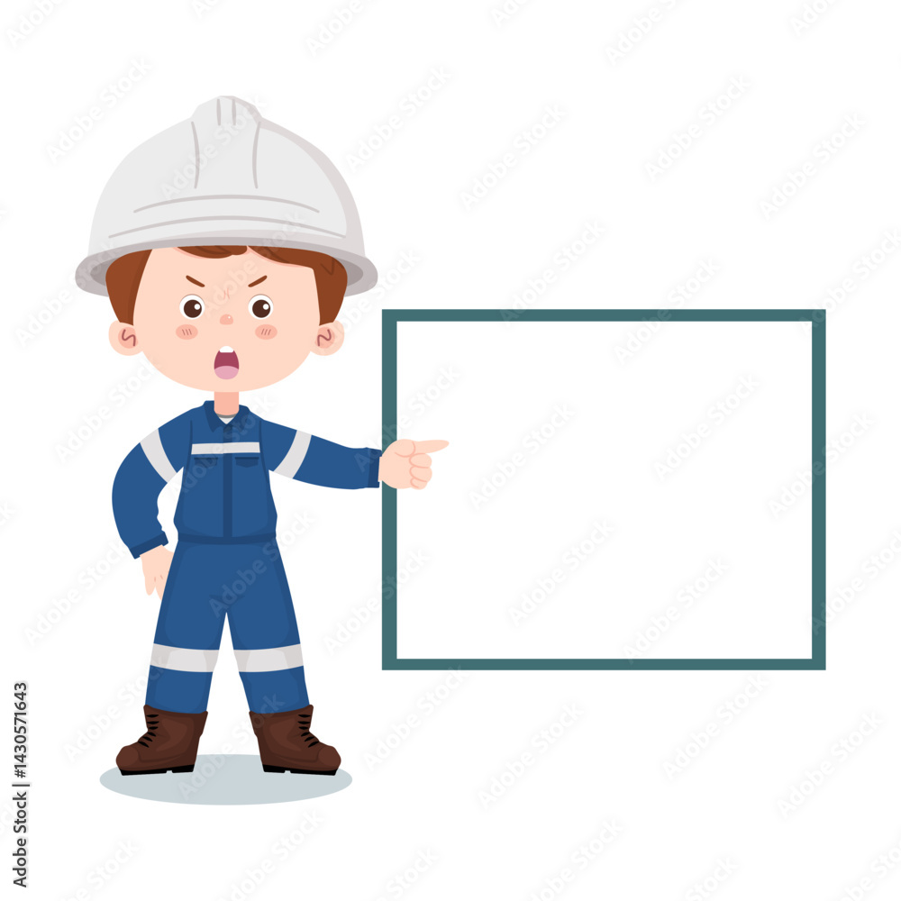Cartoon industrial engineer pointing at blank sign for message, warning, or information in factory or workplace. Vector illustration isolated on a white background. Cartoon industrial engineer pointing at blank sign for message, warning, or information in factory or workplace. Vector illustration isolated on a white background.