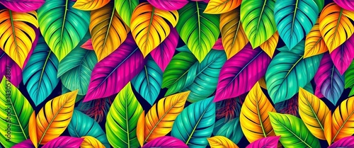 Wallpaper Mural Vibrant tropical leaves in bright, cool colors form a seamless repeating pattern,  holiday, yellow Torontodigital.ca