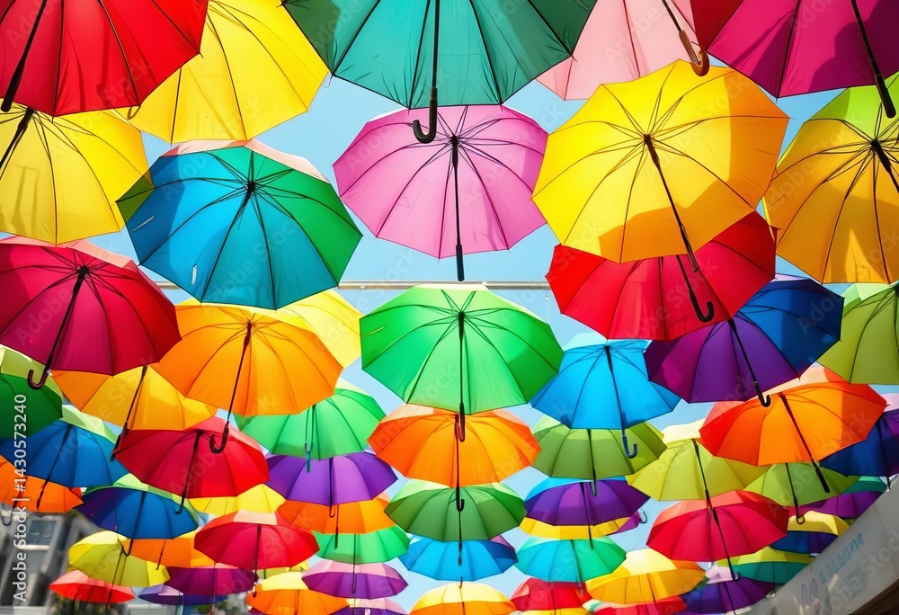 Vibrant umbrellas suspended, creating a whimsical, colorful canopy in Perth, Australia, different view, outdoor Vibrant umbrellas suspended, creating a whimsical, colorful canopy in Perth, Australia, different view, outdoor