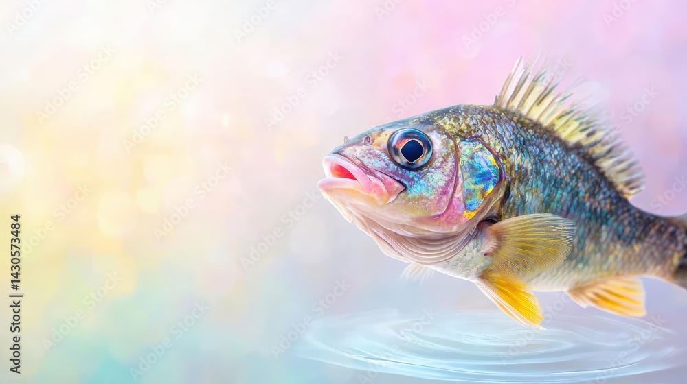 Fototapeta premium A cultivation fish with a swirling water effect, vibrant hues, copy space below, dynamic ad poster
