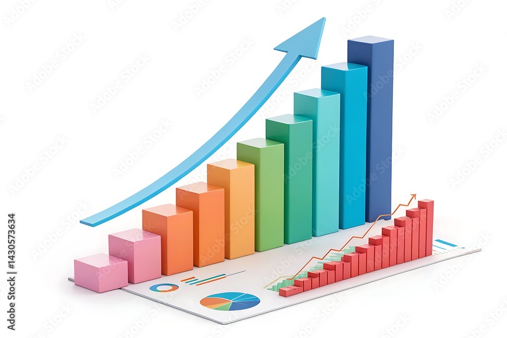 Colorful 3D Bar Graph with Upward Arrows on Data Sheet. Finance and Statistics Colorful 3D Bar Graph with Upward Arrows on Data Sheet. Finance and Statistics