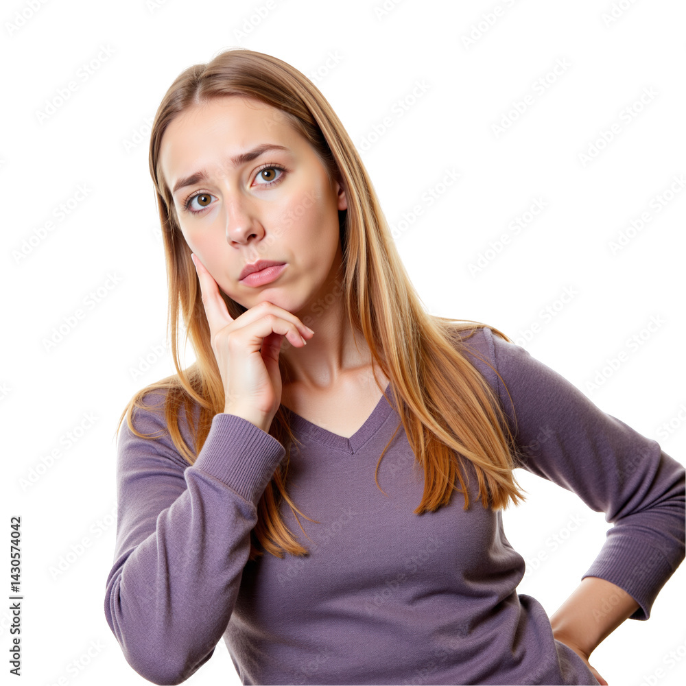 Pensive Caucasian Woman in Thoughtful Pose with Long Hair Against a transparent background, Expressing Curiosity and Contemplation Pensive Caucasian Woman in Thoughtful Pose with Long Hair Against a transparent background, Expressing Curiosity and Contemplation