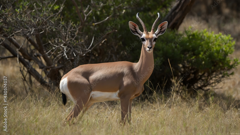 Obraz premium Antelope stands on a grassy field, looking at the camera.