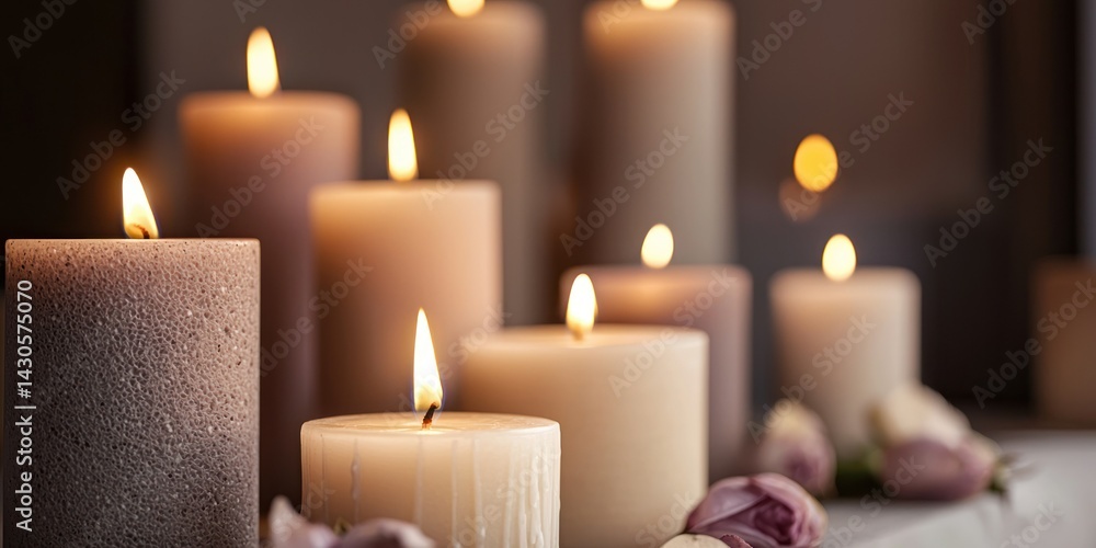 A cozy ambiance with a cluster of neutral-toned candles flickering against a beige background A cozy ambiance with a cluster of neutral-toned candles flickering against a beige background