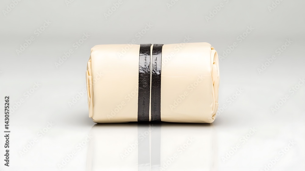 Wrapped candy with dark stripes stands on glossy surface, against a neutral backdrop Wrapped candy with dark stripes stands on glossy surface, against a neutral backdrop