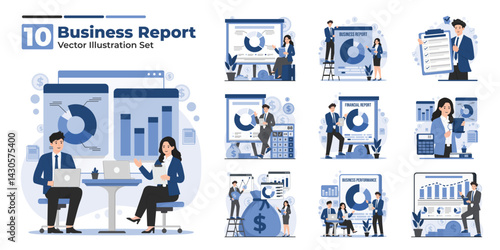 Vector illustration set showing business report concept with financial audit, presentation charts, data analysis, and review