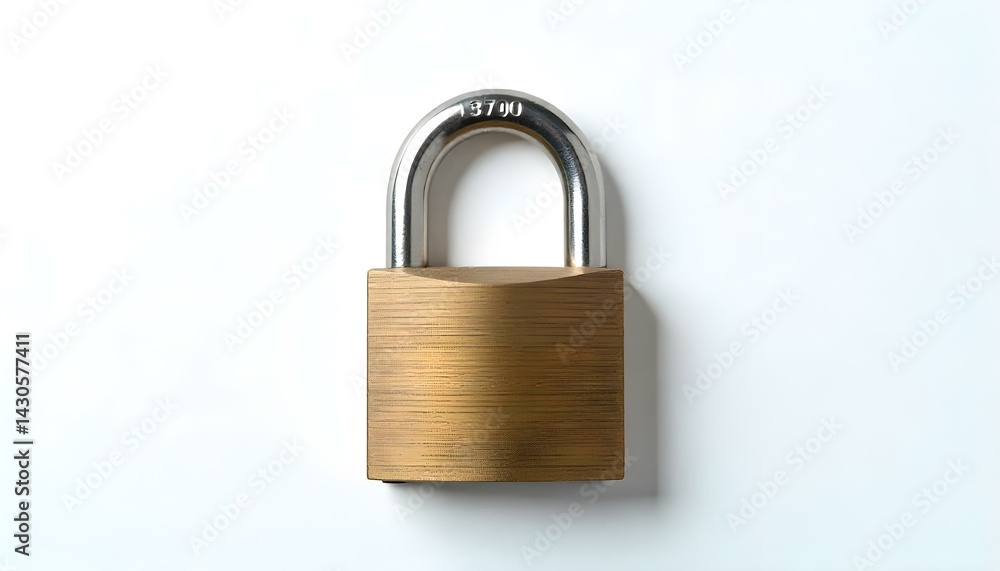 A shiny, new metal padlock hanging from a white painted wooden door, bright daylight, casting a sharp shadow on the door. A shiny, new metal padlock hanging from a white painted wooden door, bright daylight, casting a sharp shadow on the door.
