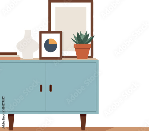 Modern blue sideboard with decorative plant and framed pictures interior design vector illustration 