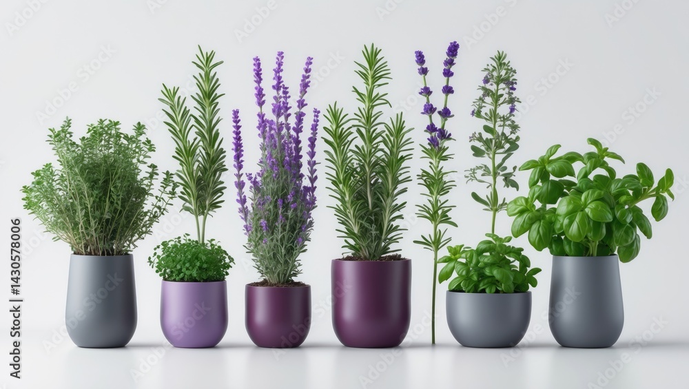 Fototapeta premium Fresh herbs in pots: rosemary, oregano, lavender, sage, and thyme. Unique display isolated on a white background.