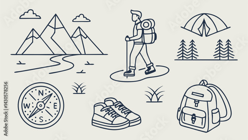 Outdoor Adventure Line Icon Pack Hiking, Camping, and Exploration Graphics