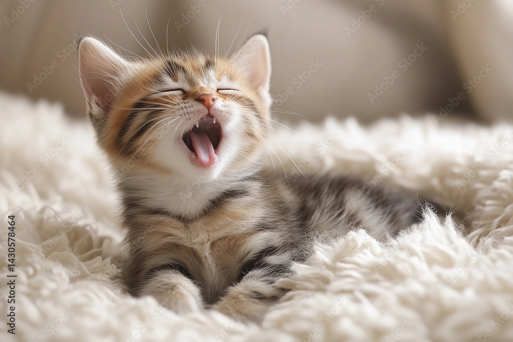 Tiny calico American Shorthair kitten yawning with bright patchwork fur, cozy indoor setting, showcasing adorable expression and intricate fur patterns Tiny calico American Shorthair kitten yawning with bright patchwork fur, cozy indoor setting, showcasing adorable expression and intricate fur patterns
