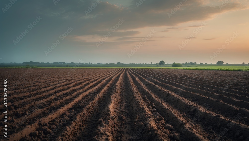 Cultivated land ready for planting under a cloudy sky scene Cultivated land ready for planting under a cloudy sky scene