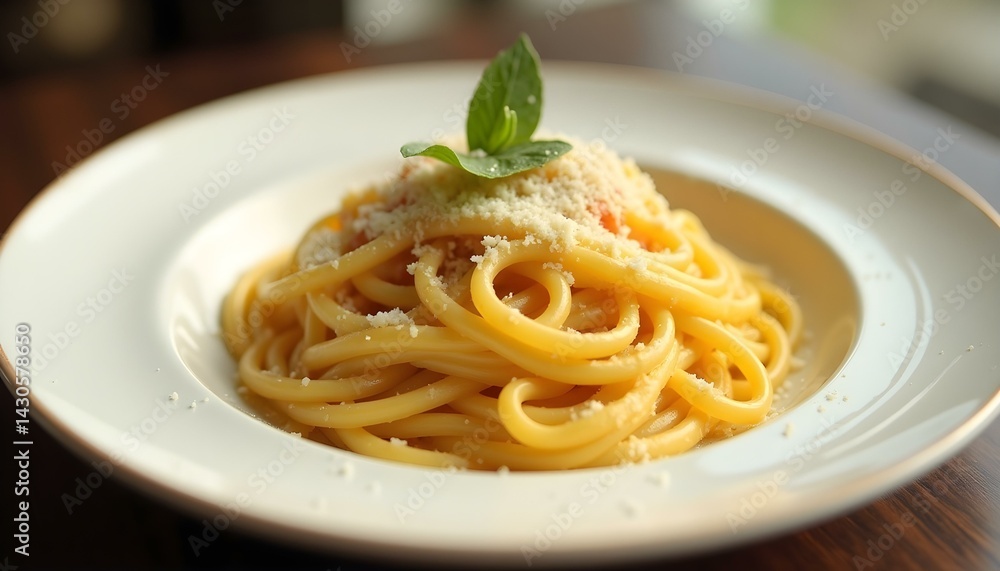 Pasta Carbonara on white plate with parmesan and yolk Pasta Carbonara on white plate with parmesan and yolk