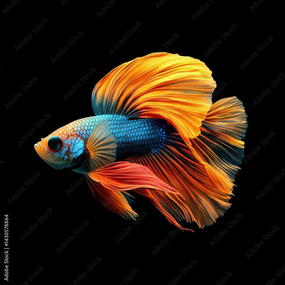 Fototapeta premium Colorful betta fish swimming gracefully against a dark background.