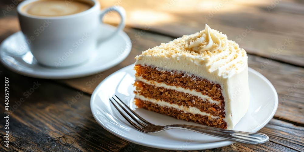 A cozy café setting featuring a piece of carrot cake with cream cheese frosting, a fork, and a cup of coffee A cozy café setting featuring a piece of carrot cake with cream cheese frosting, a fork, and a cup of coffee