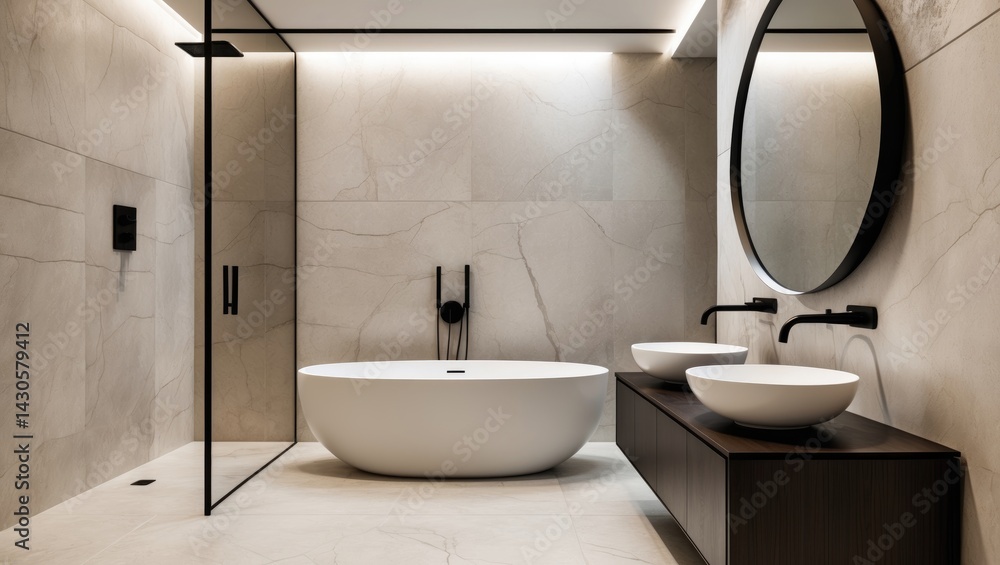 Fototapeta premium Elegant upscale bathroom interior with functional layout, black mirror, and spacious feel