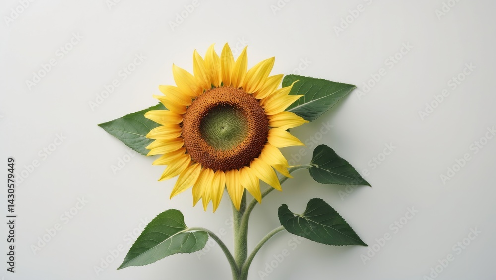 Obraz premium Yellow sunflower flower with green leaves on a white background, featuring space for text. Flat lay, top view.