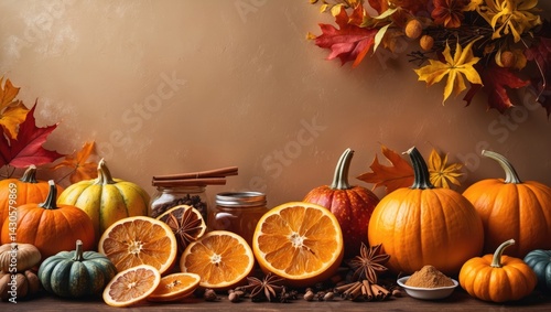Fototapeta Naklejka Na Ścianę i Meble -  Fall pumpkin spice recipes for baking and drinks featuring pumpkins, nuts, and seasonal spices for festive holidays.