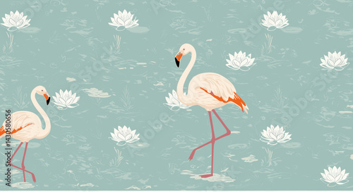 Flamingo and Lily Pond Illustration