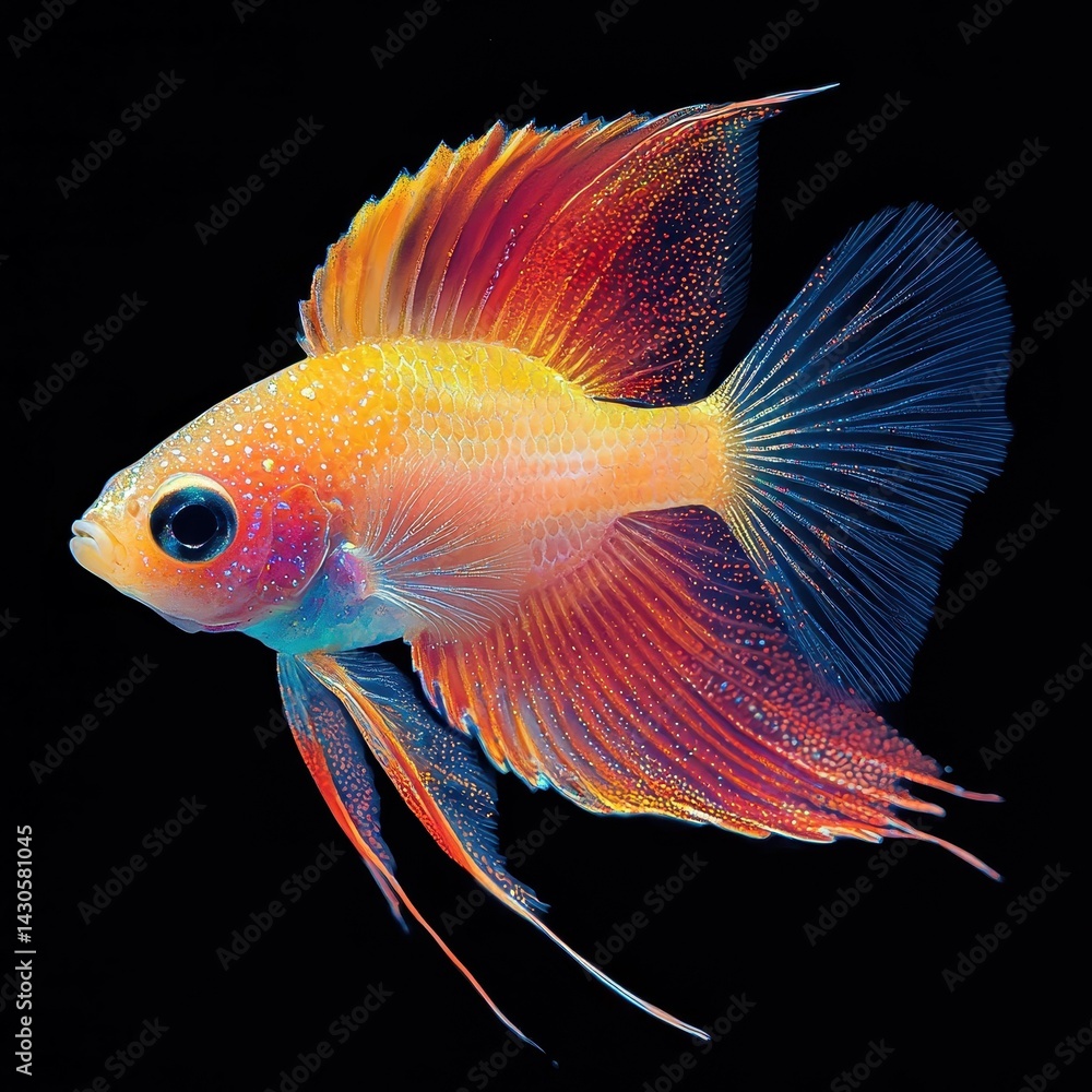 Fototapeta premium Colorful goldfish with vibrant orange, blue, and purple hues swimming against a dark background.