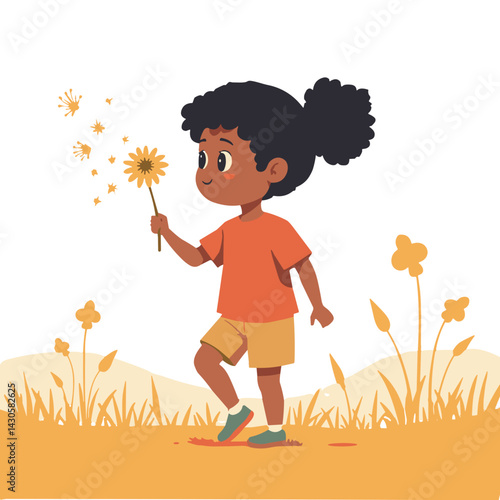 Happy child exploring flowers in a bright field  Children's Day