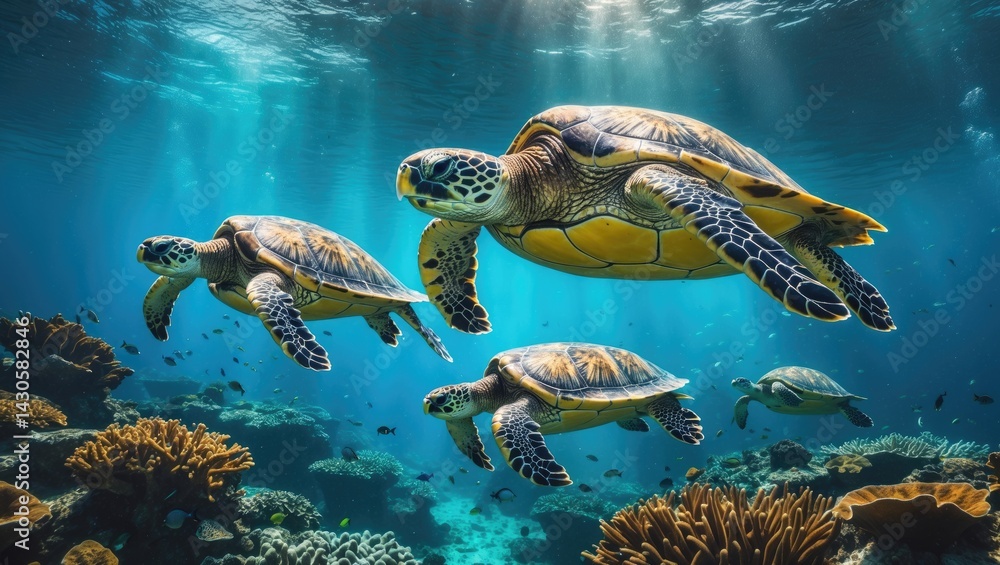 Obraz premium Sea turtle swimming through colorful underwater coral environments