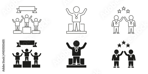 Podium Winners And Medalists Line And Solid Icon Set. Achievement, Victory, And Teamwork Celebration Symbol Collection. Recognition And Success In Competitions. Isolated Vector Illustration