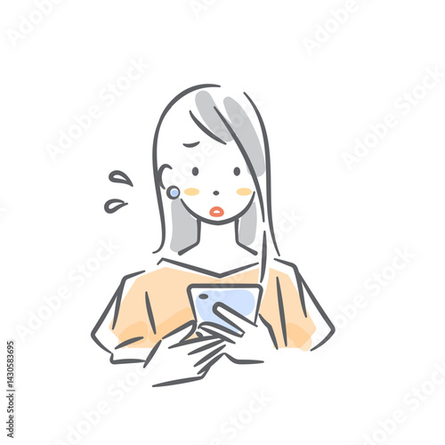 スマホの画面を見て困る若い女性　お洒落な水彩風イラスト