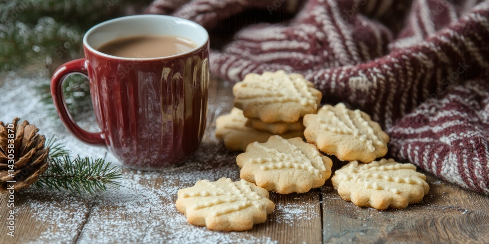 A cozy winter scene with shortbread cookies, a wool blanket, and a warm mug of cocoa A cozy winter scene with shortbread cookies, a wool blanket, and a warm mug of cocoa