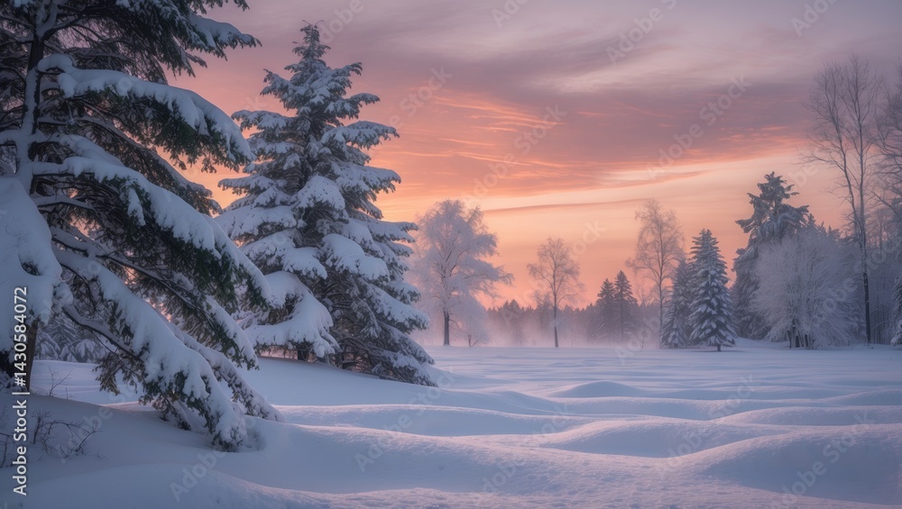 Fototapeta premium Frozen forest at dusk with snow-covered trees and golden sunset lighting