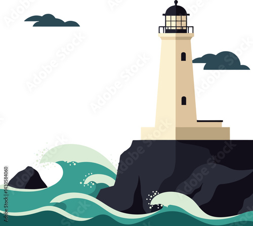 Lighthouse on Rocky Coast with Waves and Clouds Vector Illustration in Calm Scene 