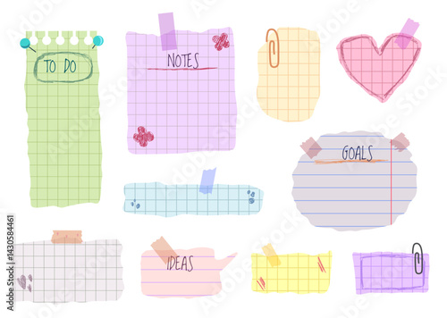 Memo stickers and speech bubbles with pinned rip paper. Vision board template