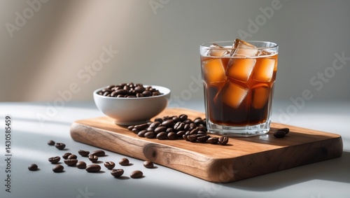 Obraz na płótnie Glass of iced coffee with coffee beans on wooden board w salonie