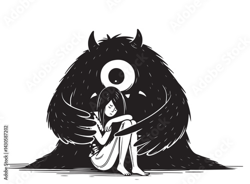 Black flat monster hugs sad sketch girl. Psychology of influence, fear, doubts