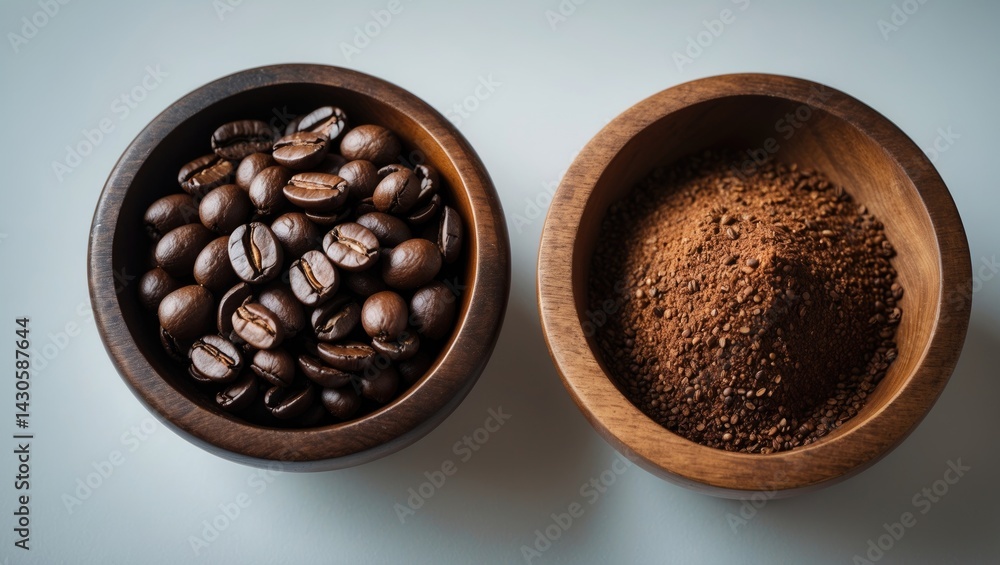 Fototapeta premium Coffee ground powder in wooden bowls isolated on background