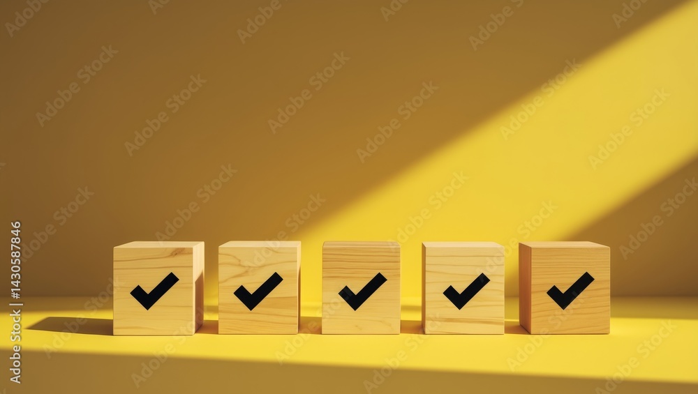 Wooden blocks featuring a check mark on a backdrop, Checklist idea with empty space.