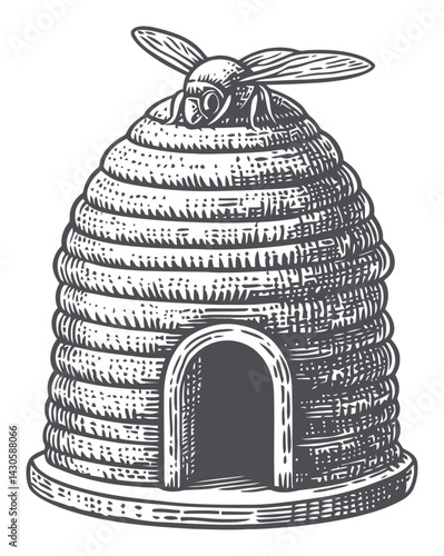 Vintage Engraving of Beehive with Bee in Classic Woodcut Style