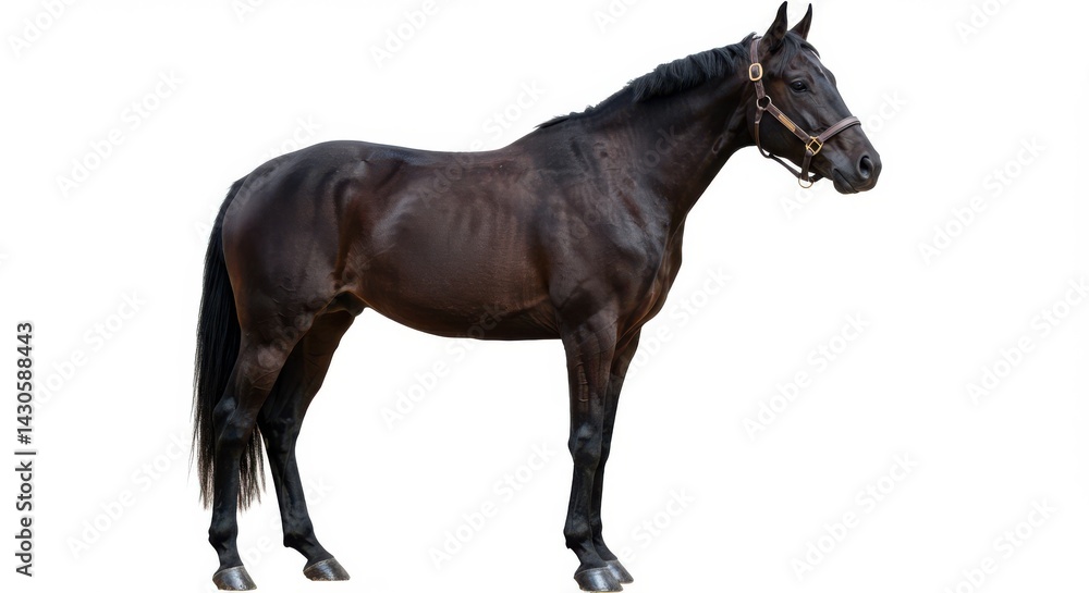 Obraz premium Dark brown horse standing still on white background