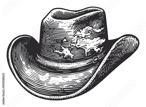 Vintage Cowboy Hat Engraving in Classic Woodcut Style Artwork