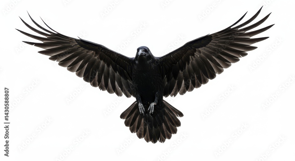 Naklejka premium Raven with open wings flying on white background